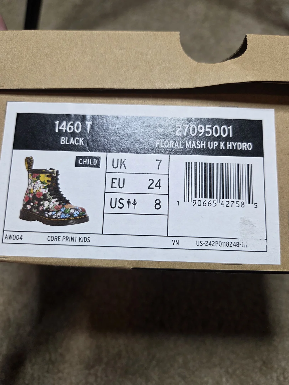 Dr. Martens 1460 Kids Floral Mash Up Leather Combat Boots Size 8